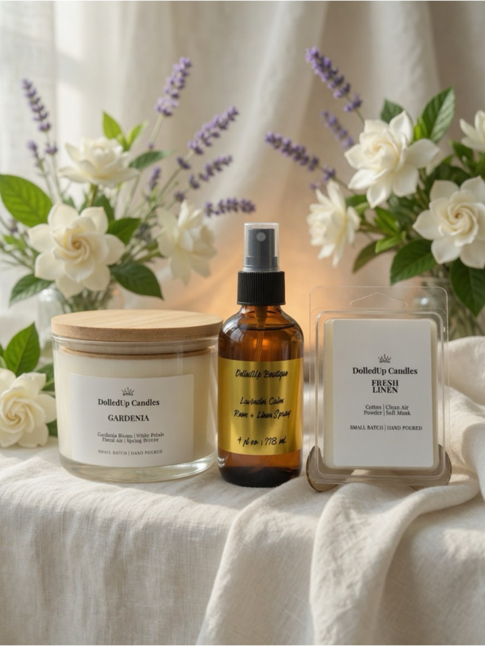 Calm Linen Bloom Sanctuary Set | Gardenia Candle + Lavender Spray + Linen Melts